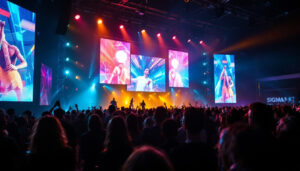 A photograph of a vibrant event scene featuring an led display in action