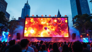 A photograph of a vibrant outdoor event featuring a large led jumbotron displaying dynamic visuals
