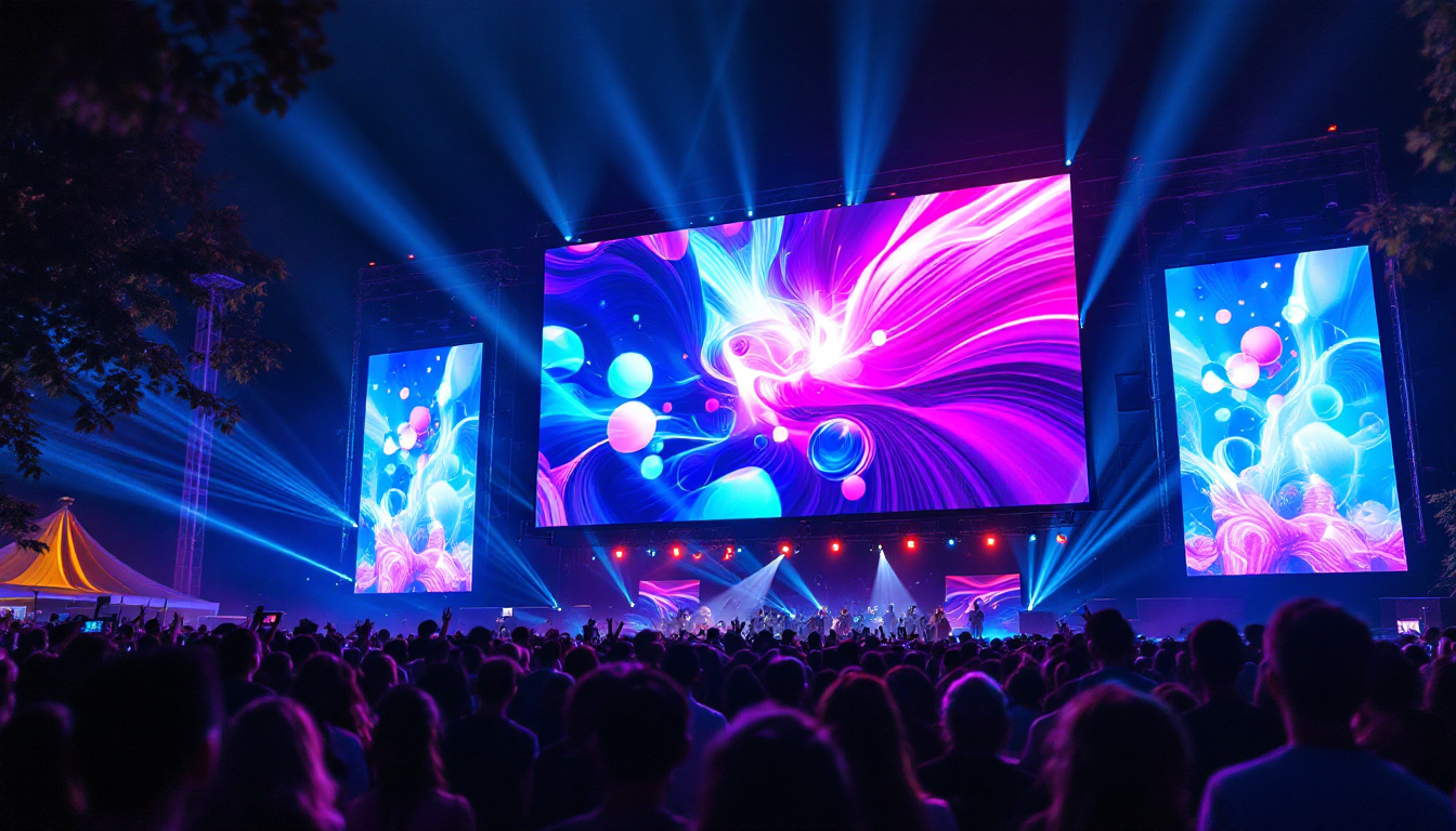 A photograph of a vibrant outdoor event featuring a large led display screen showcasing dynamic visuals