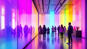 A photograph of a modern interior featuring vibrant led light wall panels in use
