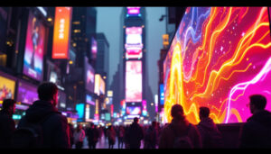 A photograph of a vibrant led display in a bustling urban setting