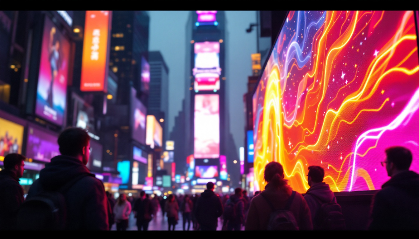 A photograph of a vibrant led display in a bustling urban setting