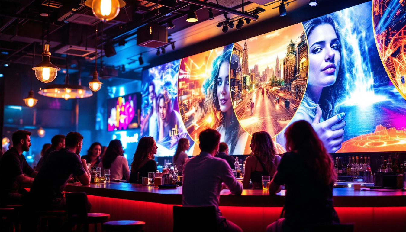 A photograph of a vibrant bar scene featuring an led display showcasing dynamic visuals or advertisements