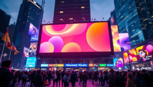A photograph of a vibrant jumbotron led display in an outdoor setting