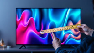 A photograph of a person measuring a tv screen with a tape measure