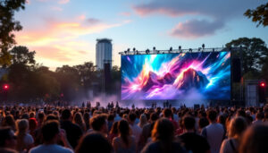 A photograph of a vibrant outdoor event featuring a large led video screen displaying dynamic visuals