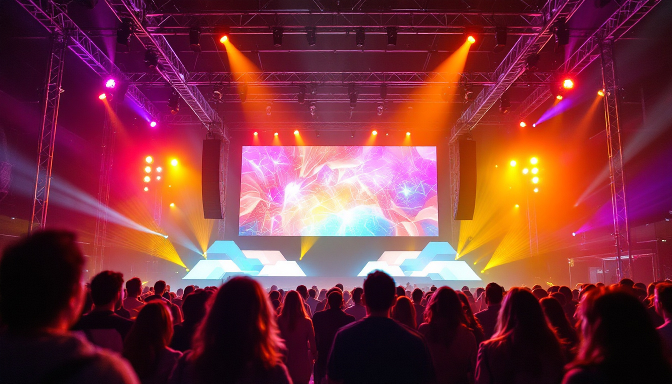 A photograph of capture a photograph of a modern c truss structure showcasing an led display in an event setting