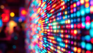 A photograph of a vibrant led tile display in an engaging setting