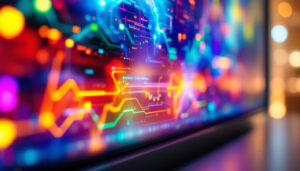 A photograph of a close-up view of an led television panel displaying vibrant colors and sharp details