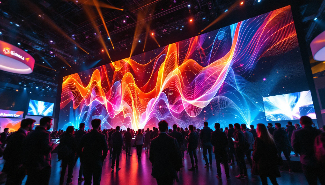 A photograph of a vibrant trade show scene featuring a prominent led display showcasing dynamic visuals