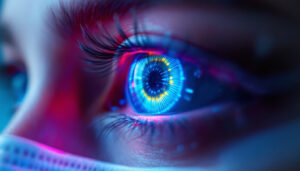 A photograph of a close-up shot of an eye clamp with an illuminated led display