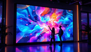 A photograph of a vibrant 500x500 led panel displaying dynamic visuals in a well-lit environment