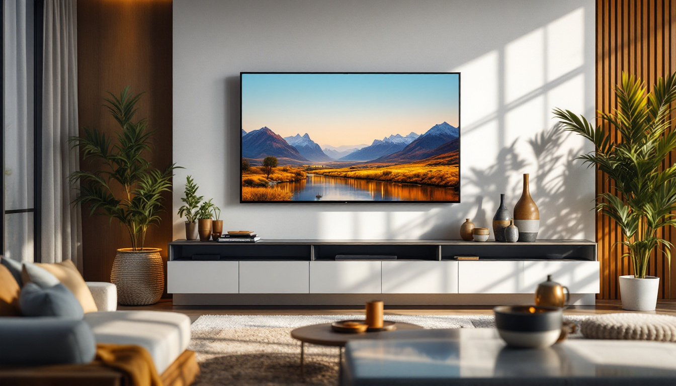 A photograph of a modern living room featuring a sleek led display mounted on a stylish wall panel