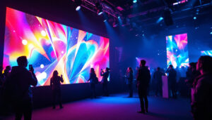 A photograph of capture a photograph of a vibrant led display showcasing dynamic visuals in a lively event setting