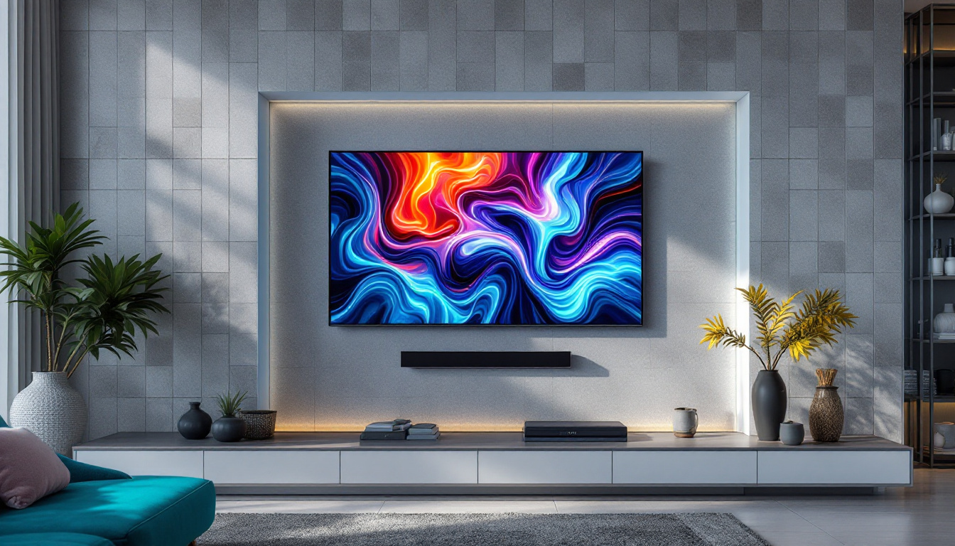 A photograph of a modern living room featuring a sleek led display integrated into a stylish wall of decorative tiles
