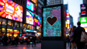 A photograph of a vibrant led display in a busy portland street setting