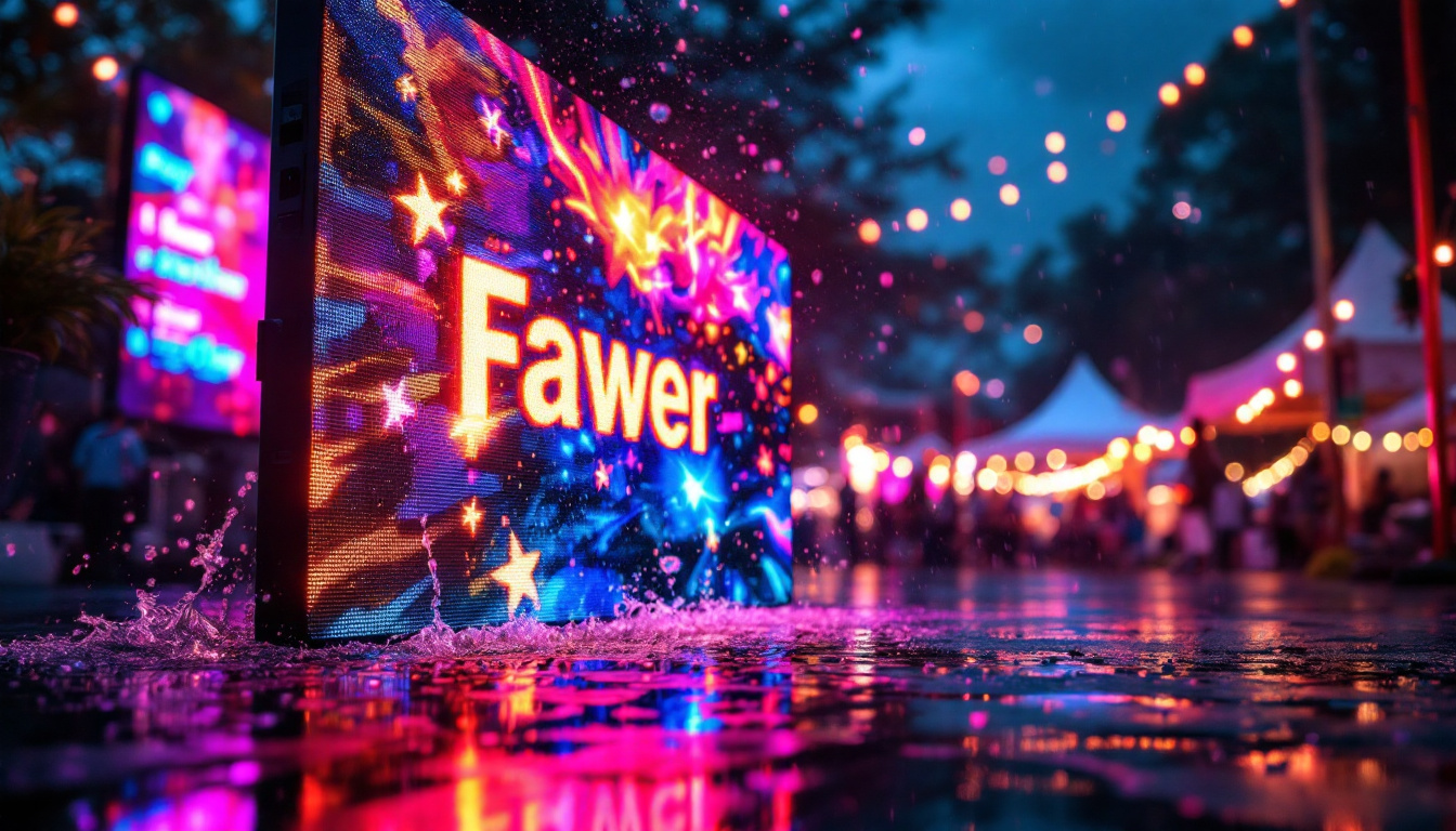 A photograph of a vibrant outdoor setting showcasing a weatherproof led display panel in action