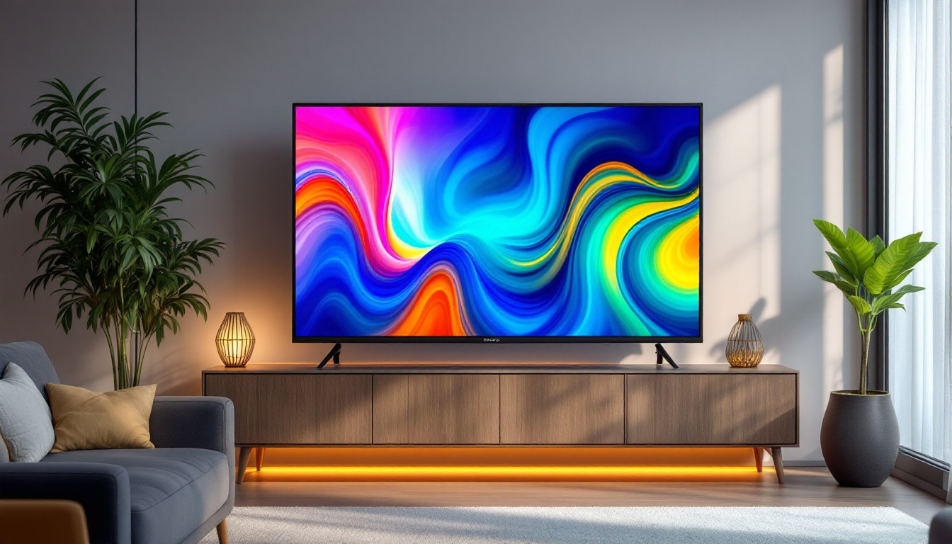 A photograph of a modern led tv displaying vibrant colors and sharp images