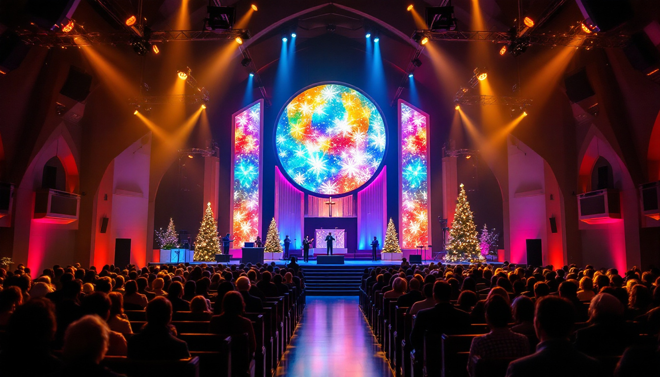 A photograph of capture a photograph of a beautifully decorated church stage during a christmas service