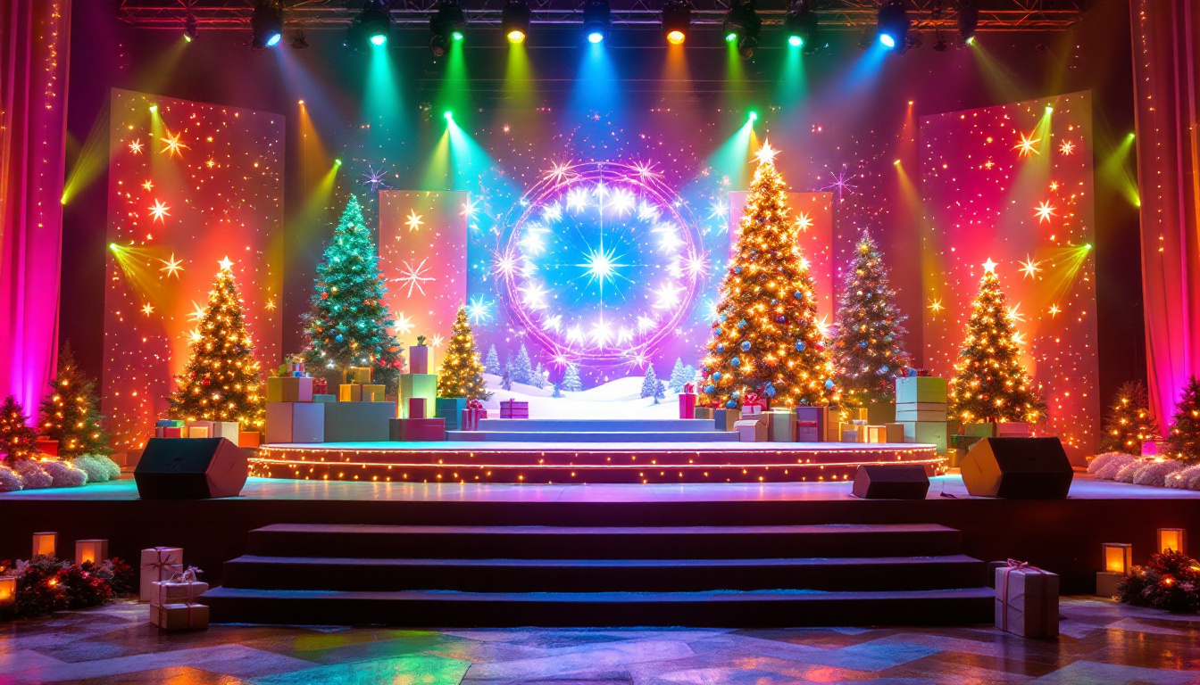 A photograph of a beautifully decorated stage for a christmas event