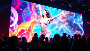 A photograph of a vibrant led video wall in use at an event