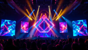 A photograph of a vibrant church stage setup featuring an led display