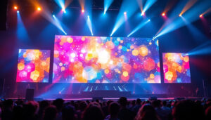 A photograph of a vibrant stage scene featuring a large