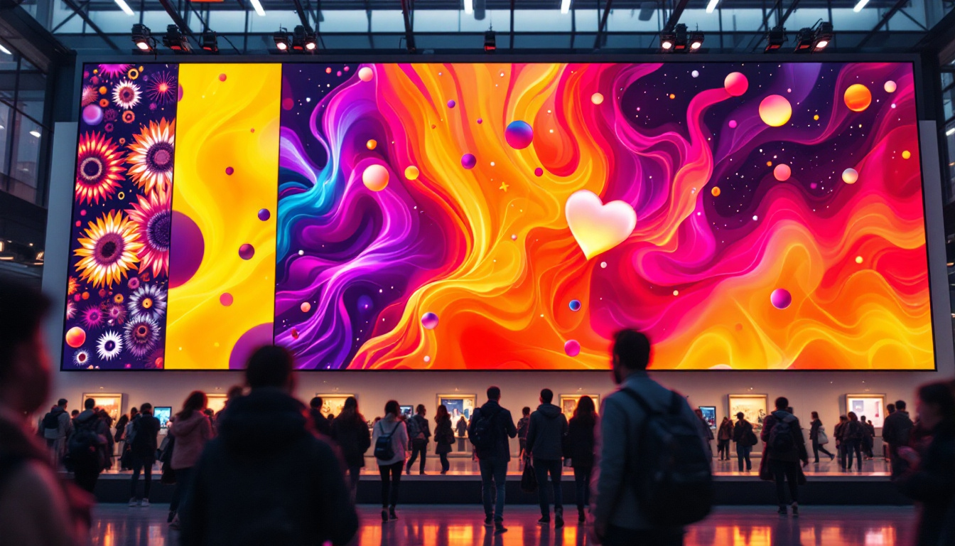 A photograph of a vibrant digital signage video wall in a bustling public space
