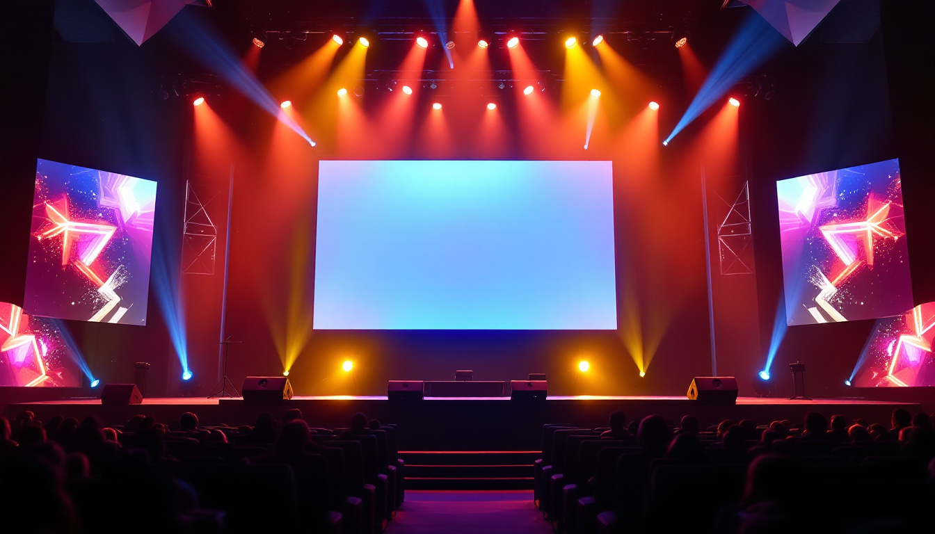 A photograph of a vibrant stage setup featuring a large led display