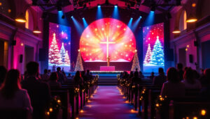 A photograph of a beautifully decorated church interior featuring an led display showcasing a vibrant christmas backdrop