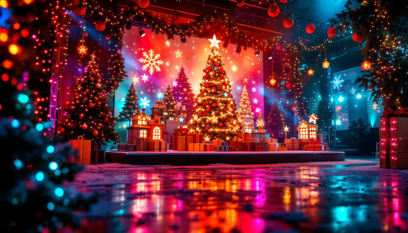 A photograph of capture a photograph of a beautifully decorated christmas stage featuring vibrant led displays