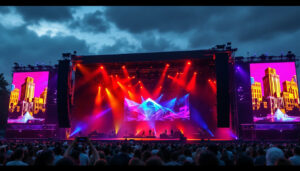 A photograph of a vibrant outdoor stage setup featuring a large led display