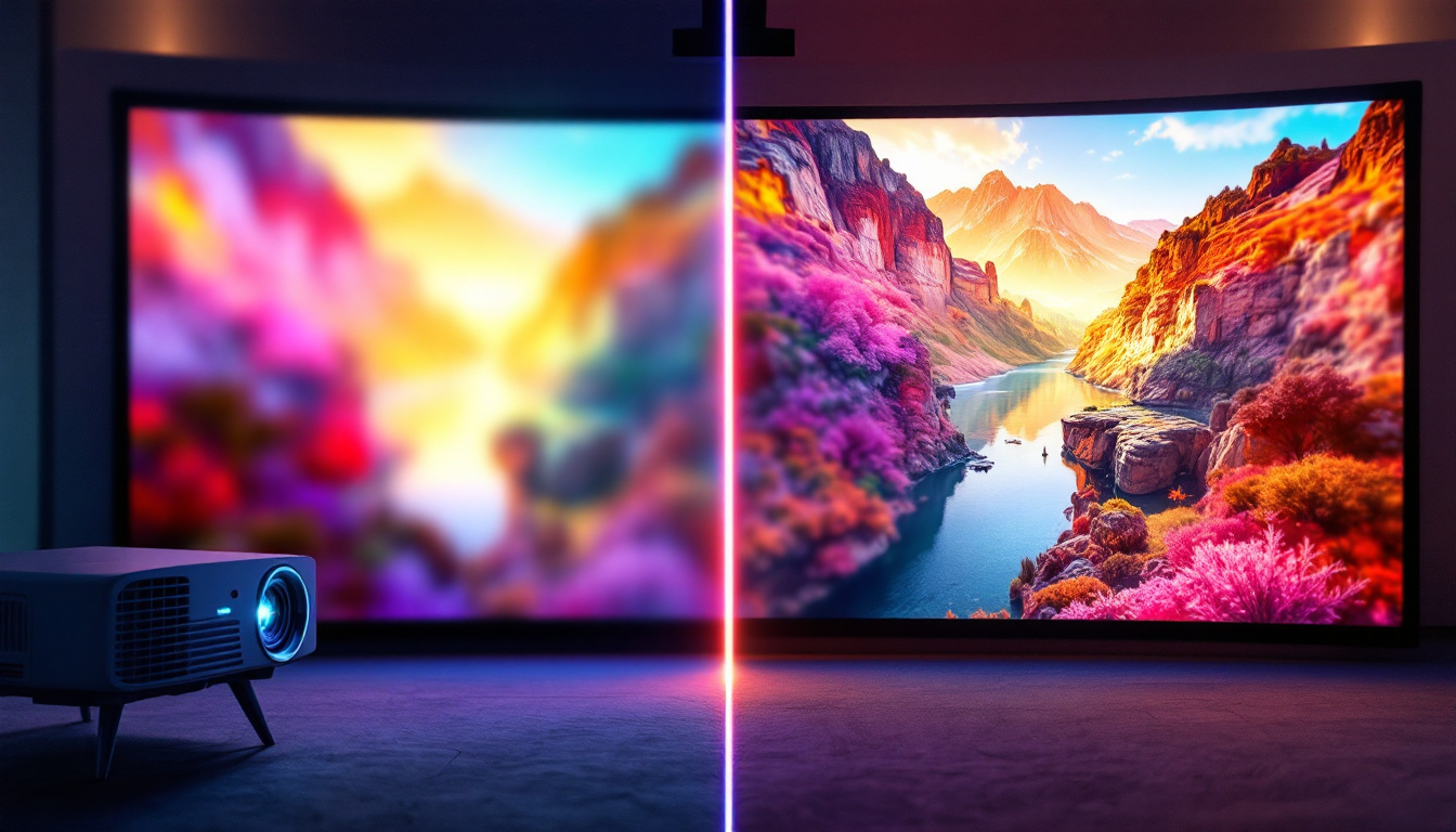 A photograph of a side-by-side comparison of a vibrant led projector displaying an image on a screen and a high-resolution led display showcasing the same content