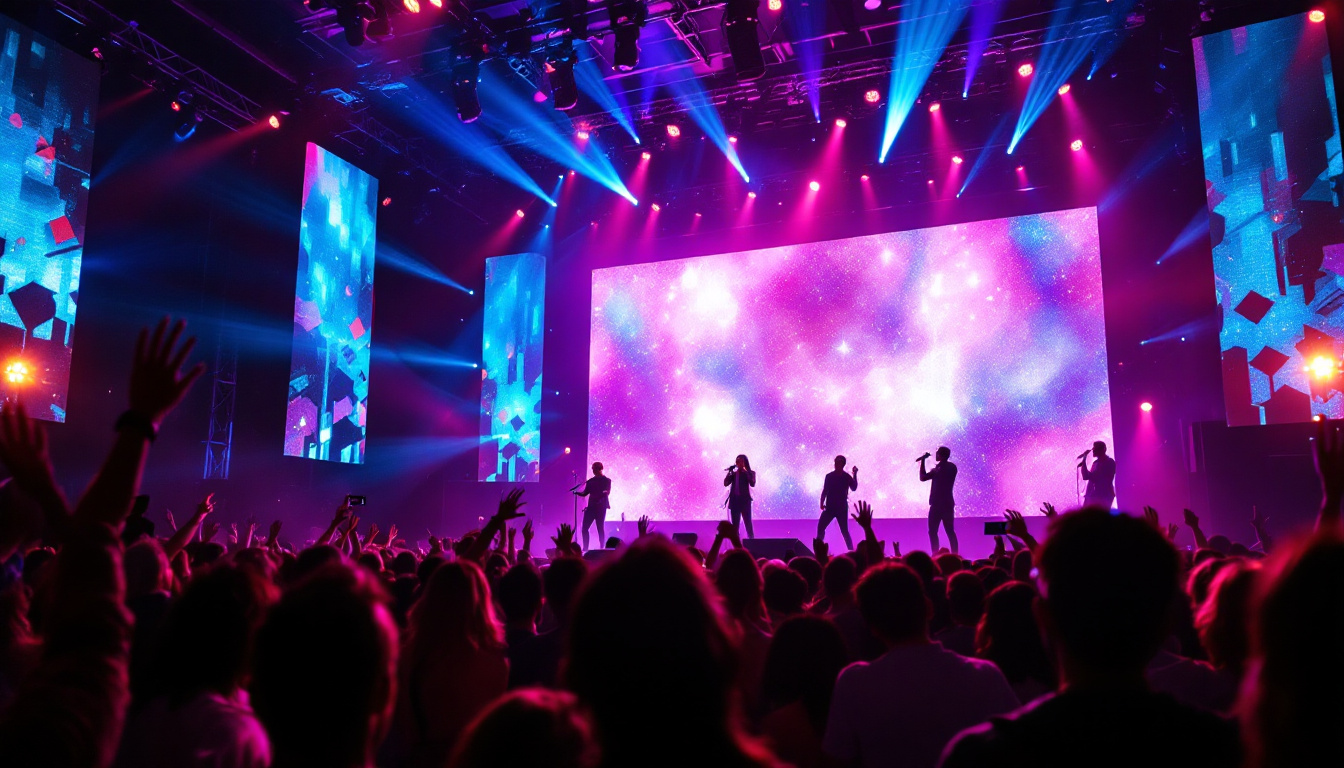 A photograph of a vibrant live performance scene featuring an elaborate led display backdrop