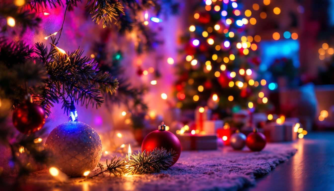 A photograph of a beautifully decorated christmas display featuring vibrant led lights
