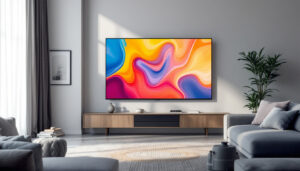 A photograph of a sleek 42-inch led display in a modern living room setting