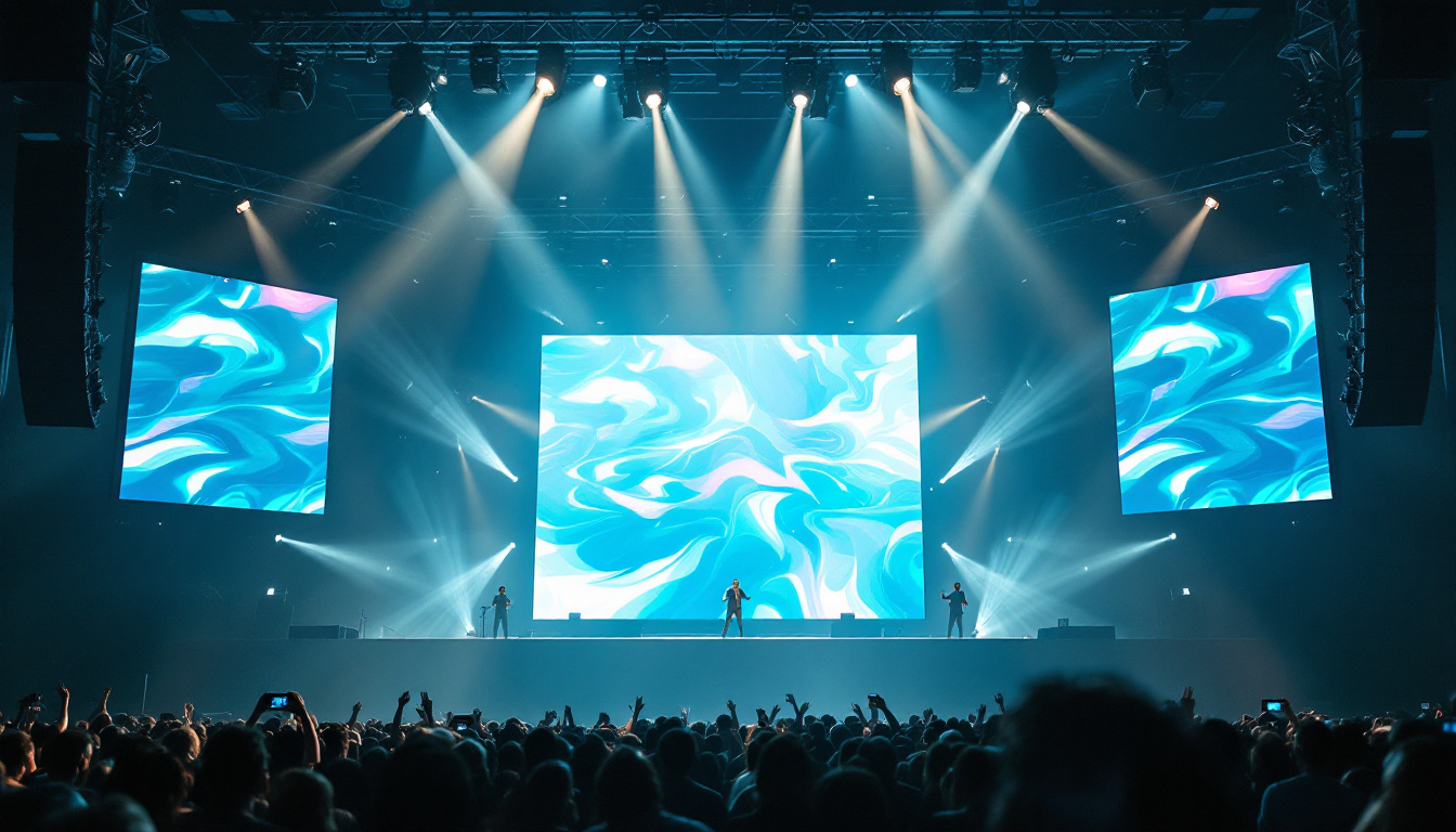 A photograph of a vibrant stage setup featuring a large led display in action