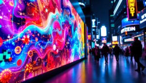 A photograph of a vibrant led display in a dynamic urban setting