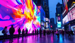 A photograph of a vibrant led display in an urban setting