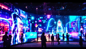 A photograph of a vibrant video wall featuring a high-resolution led display in an engaging environment