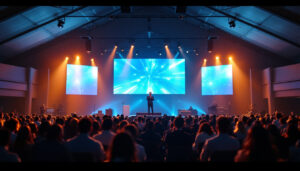 A photograph of a modern church interior showcasing a vibrant led display in action
