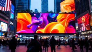 A photograph of a vibrant led display in a bustling urban environment
