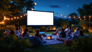 A photograph of a vibrant outdoor setting featuring a stylish led projector and screen in use