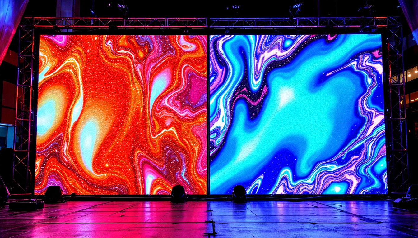 A photograph of capture a photograph of a side-by-side comparison of a traditional led display and an smd led display