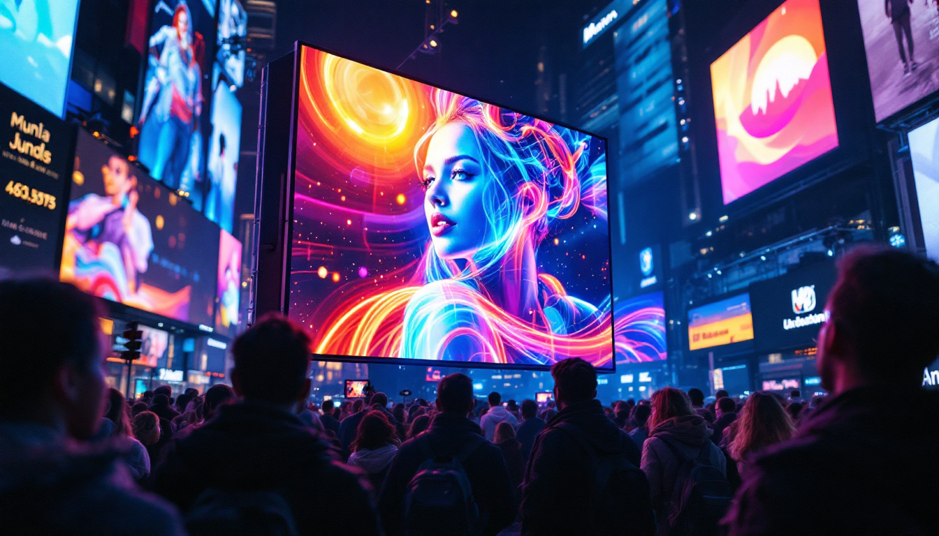 A photograph of capture a photograph of a vibrant led display screen in use at a busy event or urban setting