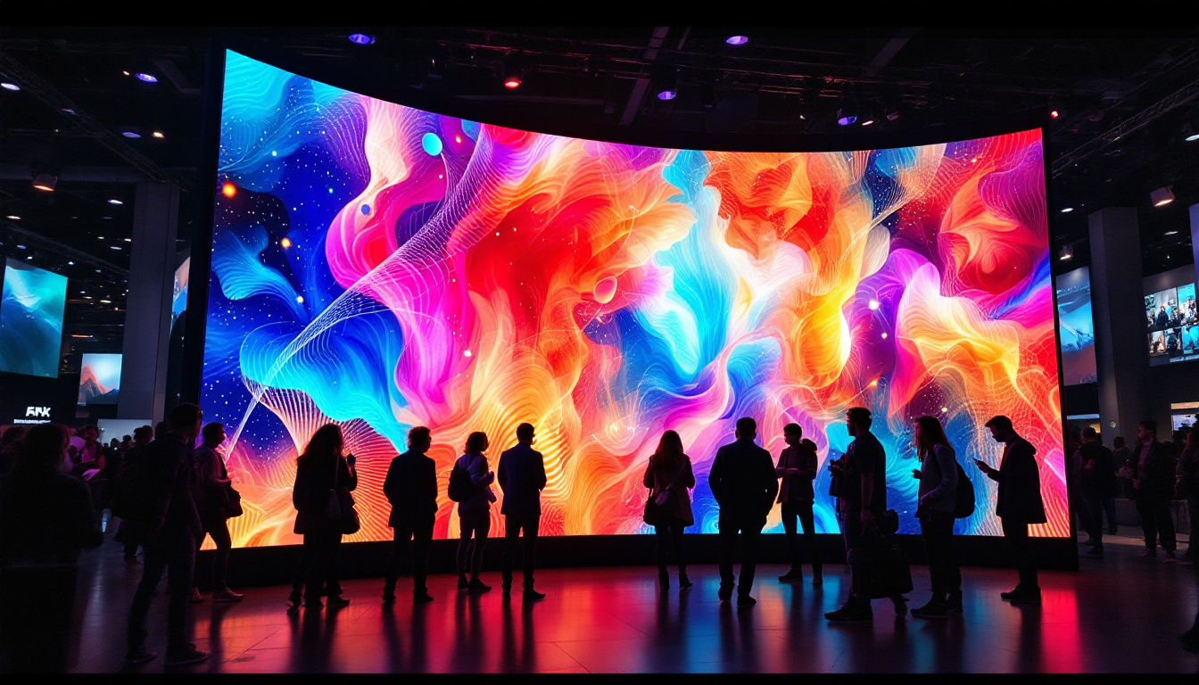 A photograph of a vibrant and dynamic flexible led display screen in use