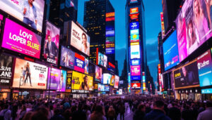 A photograph of capture a photograph of the vibrant led displays in times square at dusk