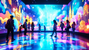 A photograph of capture a photograph of a vibrant interactive led floor in use