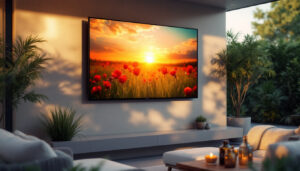 A photograph of a sleek 42-inch outdoor led tv mounted on a stylish patio wall