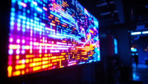 A photograph of a vibrant led display in a low-light environment